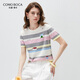 科蒙博卡2026春夏桑蠶絲彩色條紋薄款針織衫女士短袖T恤圓領(lǐng)休閑上衣