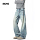 OEMG 水洗貓須紋牛仔褲男士春秋季cleanfit直筒寬松百搭垂感長(cháng)褲子 藍色 XL [建議120-140斤]