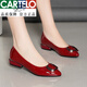 卡帝樂(lè )鱷魚(yú)（CARTELO）真皮平底低跟單鞋女春秋季新款軟皮粗跟淺口尖頭漆皮女士皮鞋真 酒紅色 40