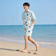 MOLOON男士泳衣短袖花襯衫沙灘服三亞夏威夷風(fēng)旅游度假情侶夏季薄款套裝 套裝B款（襯衫+短褲） 2XL （建議145-165斤）
