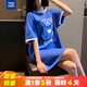 唐獅夏季連衣裙女圓領(lǐng)撞邊圖案T恤寬松顯瘦韓版流行WP 寶石藍 M