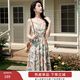 香影法式碎花吊帶連衣裙女2025夏季新款油畫(huà)印花v領(lǐng)雪紡沙灘裙子 果綠 M