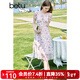 百圖betu女裝夏新款連衣裙方領(lǐng)甜美碎花顯瘦綁帶連衣裙女2304T81 紫色 M