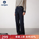 Navigare意大利小帆船磨毛牛仔褲女秋冬時(shí)尚百搭闊腿褲休閑通勤保暖長(cháng)褲女 海軍藍 L