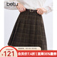 百圖betu女裝冬季新款半身裙高腰毛呢格紋A字百褶裙裙子女2411T68 咖格 M