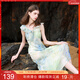 三彩2025夏季新款系帶V領(lǐng)荷葉邊暈染印花雪紡連衣裙長(cháng)裙