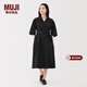 MUJI女式 易干平紋七分袖連衣裙女裝裙子25年秋季連身裙 BC2NSC5A 黑色 L （165/88A）