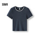 森馬（Semir）短袖T恤女夏季短款蕾絲花邊圓領(lǐng)緊身衣服顯瘦條紋衫102325100007