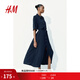 H&M女裝連衣裙2025年夏季新款腰部系帶襯衫式印花短袖中長(cháng)裙1217576 海軍藍 S 160/88
