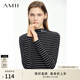 AMII女裝2025秋季新款半高領(lǐng)字母繡花布標裝飾條紋T恤女休閑 黑白條 L 165/88A