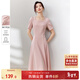 尚都比拉短袖連衣裙女夏季時(shí)尚通勤中長(cháng)款a字裙釘珠收腰顯瘦裙子 粉色 M