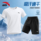 安踏速干冰絲運動(dòng)套裝男夏季新款男士短袖t恤短褲青少年跑步健身衣服 純凈白套裝【速干-斜插口袋】 L/175 適合120-140斤
