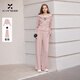 香影粉色衛衣運動(dòng)休閑套裝女2026春季新款假兩件開(kāi)衫闊腿褲兩件套 銀牡丹色 M