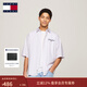 TOMMY JEANS春夏男裝純棉府綢海邊度假風(fēng)刺繡復古條紋寬松短袖襯衫外套 紅藍白條紋YBR L