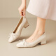 ZHR則則單鞋女通勤法式小香風(fēng)女士船鞋蝴蝶結粗跟淺口一腳蹬女鞋K397 米色 37