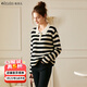 Olrain【5折】條紋套頭長(cháng)袖毛衣女春裝顯瘦氣質(zhì)POLO領(lǐng)拼接針織衫女 黑白條紋 M