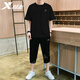 特步（XTEP） 運動套裝男裝夏季新款透氣耐磨速干冰絲男士短袖短男夏圓領t恤七分褲子男健身跑步兩件套 黑色-兩件套 XL/180