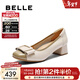 百麗（Belle）舒適優(yōu)雅單鞋女蝴蝶結牛皮方跟鞋D3S1DAQ5 米色 39