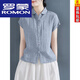 羅蒙（ROMON）大尺碼亞麻襯衫女無(wú)袖26夏季新款純棉文藝范短袖襯衣寬松上衣女 淺藍色 M 100-120斤