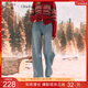 三彩2025冬季新款加絨牛仔褲高腰寬松闊腿褲長(cháng)褲女