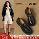 ZHR樂(lè )福鞋女圓頭厚底小皮鞋女山茶花通勤百搭單鞋子 AY297黑色37