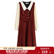獨束大碼女裝假兩件撞色襯衫領(lǐng)連衣裙女秋冬微胖mm文藝復古穿搭裙子 勃艮第紅【適合160左右】 2XL