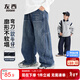 左西男童褲子保暖兒童秋冬季牛仔褲2025加絨彎刀褲 牛仔色 150