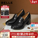 百麗（Belle）復古抓皺面羊皮樂(lè )福鞋女2026春新粗跟氣質(zhì)通勤單鞋B2948AA6預售 黑色 37 (235mm)