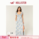 HOLLISTER25秋法式一字肩露肩小飛袖連衣裙女裝359-5298 藍色碎花 XS (84A)短版