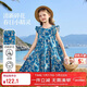ASK JUNIOR童裝兒童裙子女童夏裝純棉透氣連衣裙青少年碎花裙公主裙 藍色