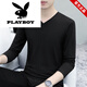 花花公子（PLAYBOY）V領(lǐng)男士長(cháng)袖t恤春秋季純色棉質(zhì)休閑薄款灰色男裝內搭打底衫體恤男 黑色V領(lǐng)長(cháng)袖 XL 【建議120-135斤】