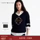 Tommy Hilfiger25春夏新款女裝純棉肌理感撞色V領(lǐng)條紋刺繡寬松針織衫毛衣 藏青色C1G XS