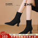 ZHR高跟短靴女法式絨面尖頭瘦瘦踝靴黑色彈力襪靴高跟鞋BL651A黑色39