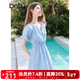 百圖betu女裝2025夏季新款連衣裙時(shí)髦海鹽藍泡泡袖暗提花裙子2503T97 藍色 M
