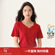 茵曼親膚無(wú)感舒適V領(lǐng)蕾絲花邊女士短袖上衣T恤 復古紅 XL