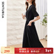 尚都比拉復古優(yōu)雅女神范V領(lǐng)泡泡袖腰帶收腰顯瘦連衣裙中長(cháng)款夏季新款 黑色 S