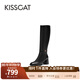 接吻貓KISSCAT女靴秋冬新款騎士靴長(cháng)筒皮靴粗高跟加絨靴子KA43704-12 黑色 35