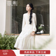 香影重工刺繡連衣裙女長(cháng)袖2026春季新款米白木耳邊高腰新中式裙子 米色 M