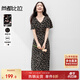 尚都比拉V領(lǐng)喇叭袖印花連衣裙女夏季收腰顯瘦A字碎花裙玫瑰浪漫中長(cháng)裙