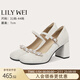 Lily Wei【海月珍珠】法式圓頭串珠瑪麗珍鞋優(yōu)雅甜美粗跟單鞋大碼 米白【跟高7cm】 38