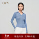 OVV秋冬熱賣(mài)女裝絲棉經(jīng)典款POLO領(lǐng)不規則羅紋長(cháng)袖針織衫 中藍（凈色）A9 M