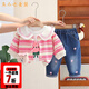 五小七童裝女童春秋季套裝新款兒童條紋外套春裝女寶寶衣服三件套 粉色 80 尺碼7-11月cm
