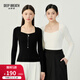 深呼吸DEEP BREATH女裝修身長(cháng)袖方領(lǐng)豎坑條T恤針織衫女A301331 黑 M (3)