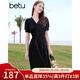 百圖betu女裝2025夏季新款連衣裙V領(lǐng)泡泡袖收腰顯瘦氣質(zhì)裙子女2504D01 黑色 L