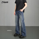POUM閃電紋微喇牛仔褲子男士秋冬款美式休閑復古高街褲GK24720藍色XL