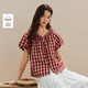 茵曼（INMAN）茵曼法式復古紅格紋短袖襯衫26夏女新款木耳邊釘珠上衣 紅格 L