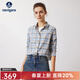 Navigare意大利小帆船通勤襯衫女士秋季長(cháng)袖格子襯衣寬松純棉撞色格紋衫衣 冰水藍/灰 L
