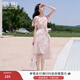 香影粉色碎花雪紡連衣裙女2025夏季新款花卉今年流行荷葉邊方領(lǐng)裙 銀牡丹色 M 160/84A/95-110斤