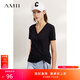 AMII女裝2025夏季新款時(shí)尚休閑V領(lǐng)全棉T恤女抽褶百搭短袖打底 黑色 M 160/84A