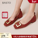 百思圖（BASTO）【絲絨玫瑰】26春新款方扣紅色單鞋高跟粗跟淺口女平底婚鞋 紅色（2.5cm絨面款） 40